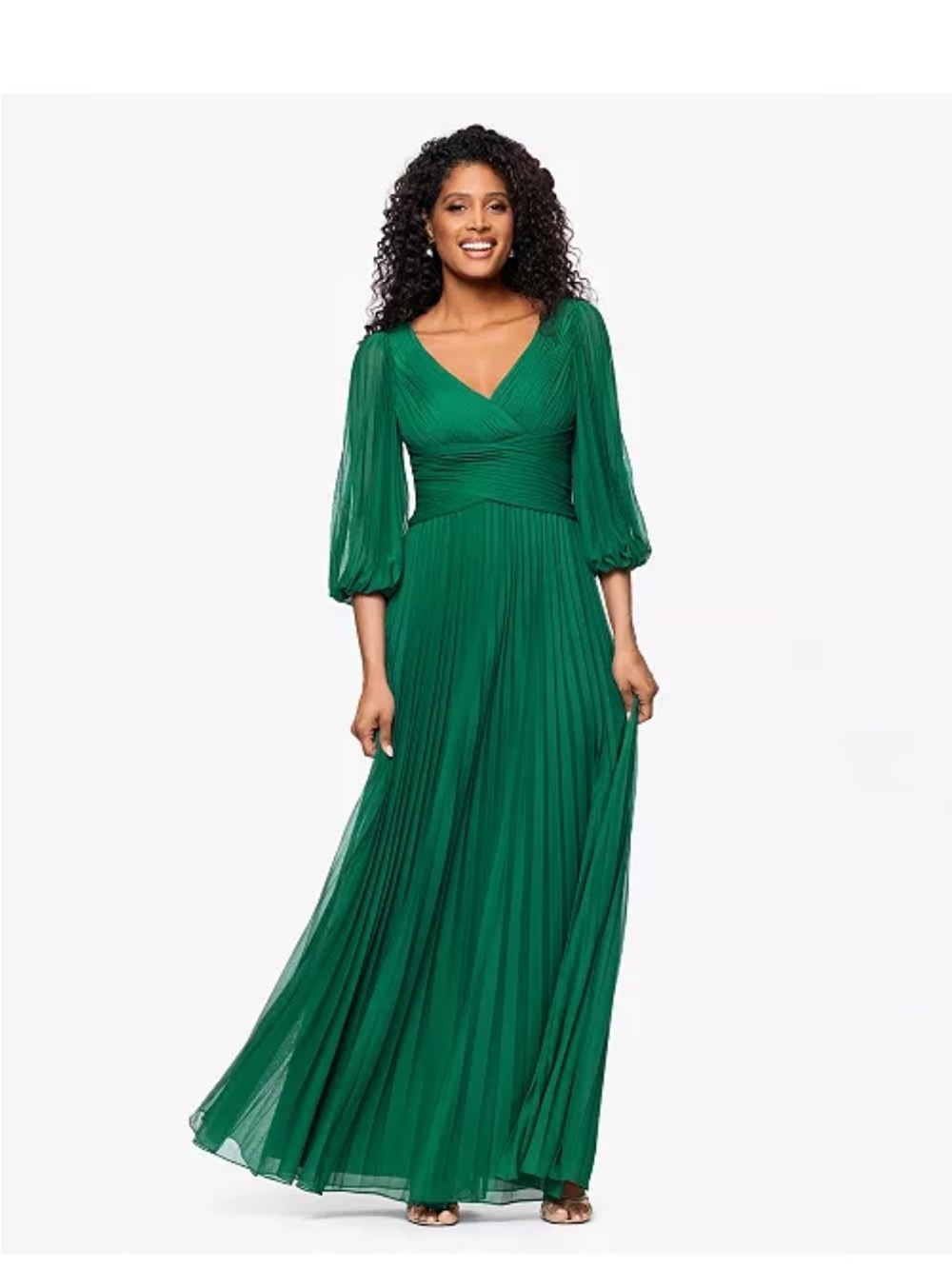 Adam Emerald Green Pleated V-Neck Maxi Dress